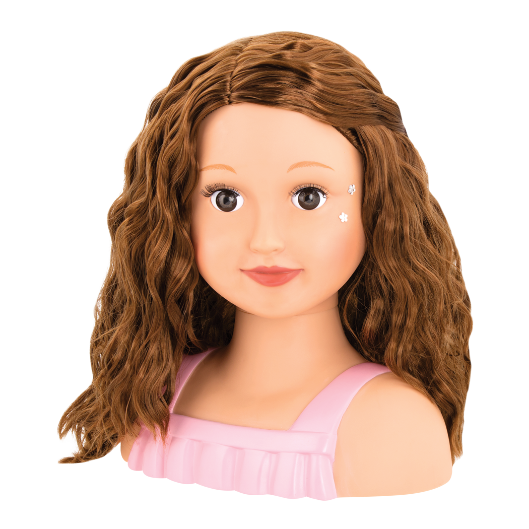 Brunette doll styling head with hair accessories