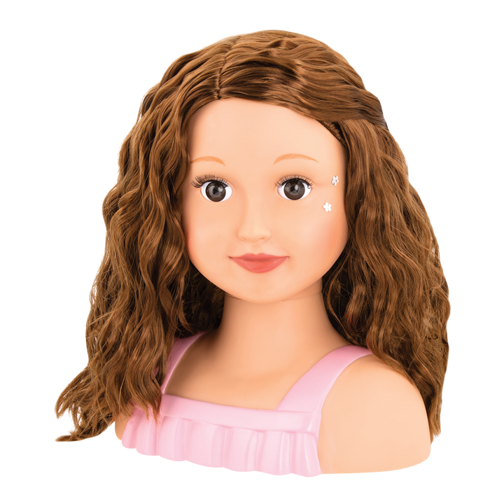 Brunette doll styling head with hair accessories