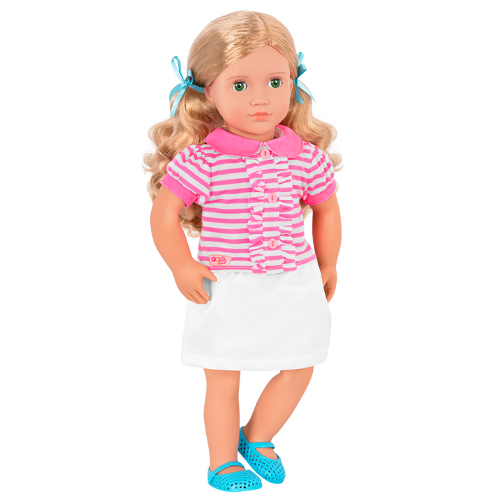 18-inch doll with blonde hair, green eyes, baking accessories and storybook