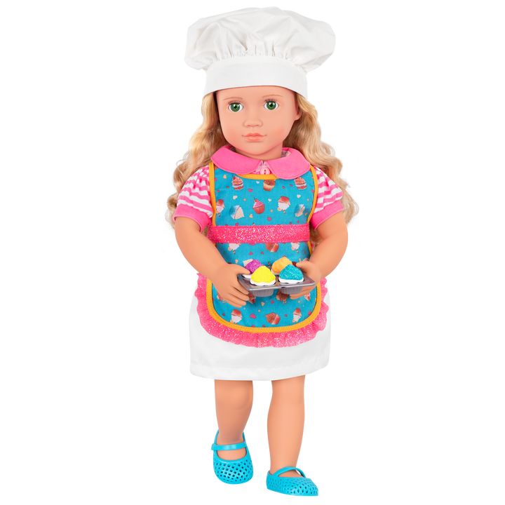 18-inch doll with blonde hair, green eyes, baking accessories and storybook