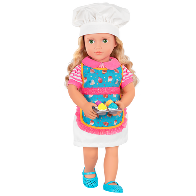 18-inch doll with blonde hair, green eyes, baking accessories and storybook