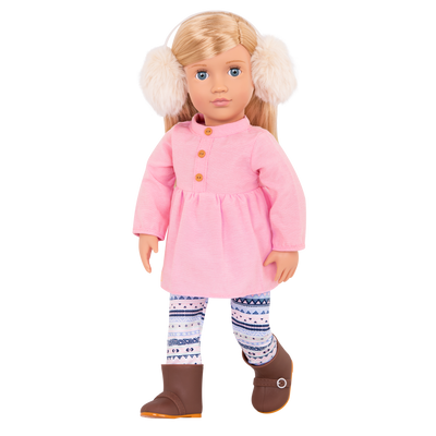 18-inch doll with blonde hair, blue eyes, winter outfits and storybook