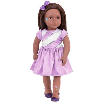 18-inch doll with brown hair, brown eyes and glitter tattoo decals