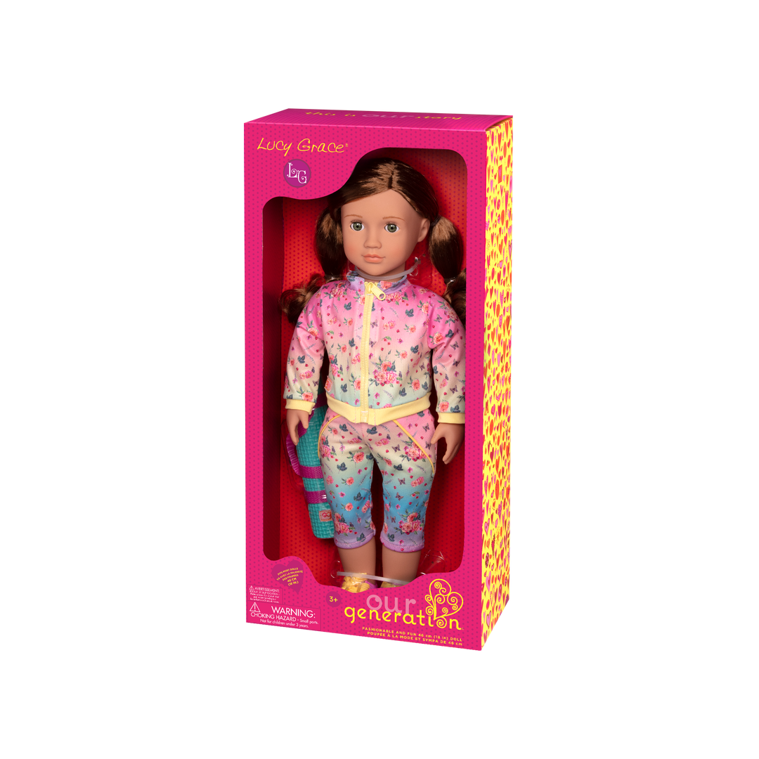 18-inch doll with medium-brown hair, green eyes and yoga mat