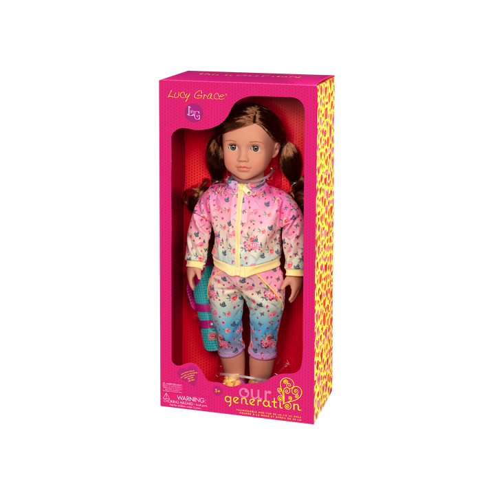 18-inch doll with medium-brown hair, green eyes and yoga mat