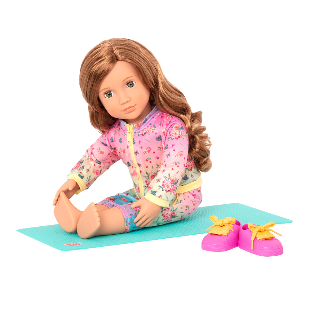 18-inch doll with medium-brown hair, green eyes and yoga mat