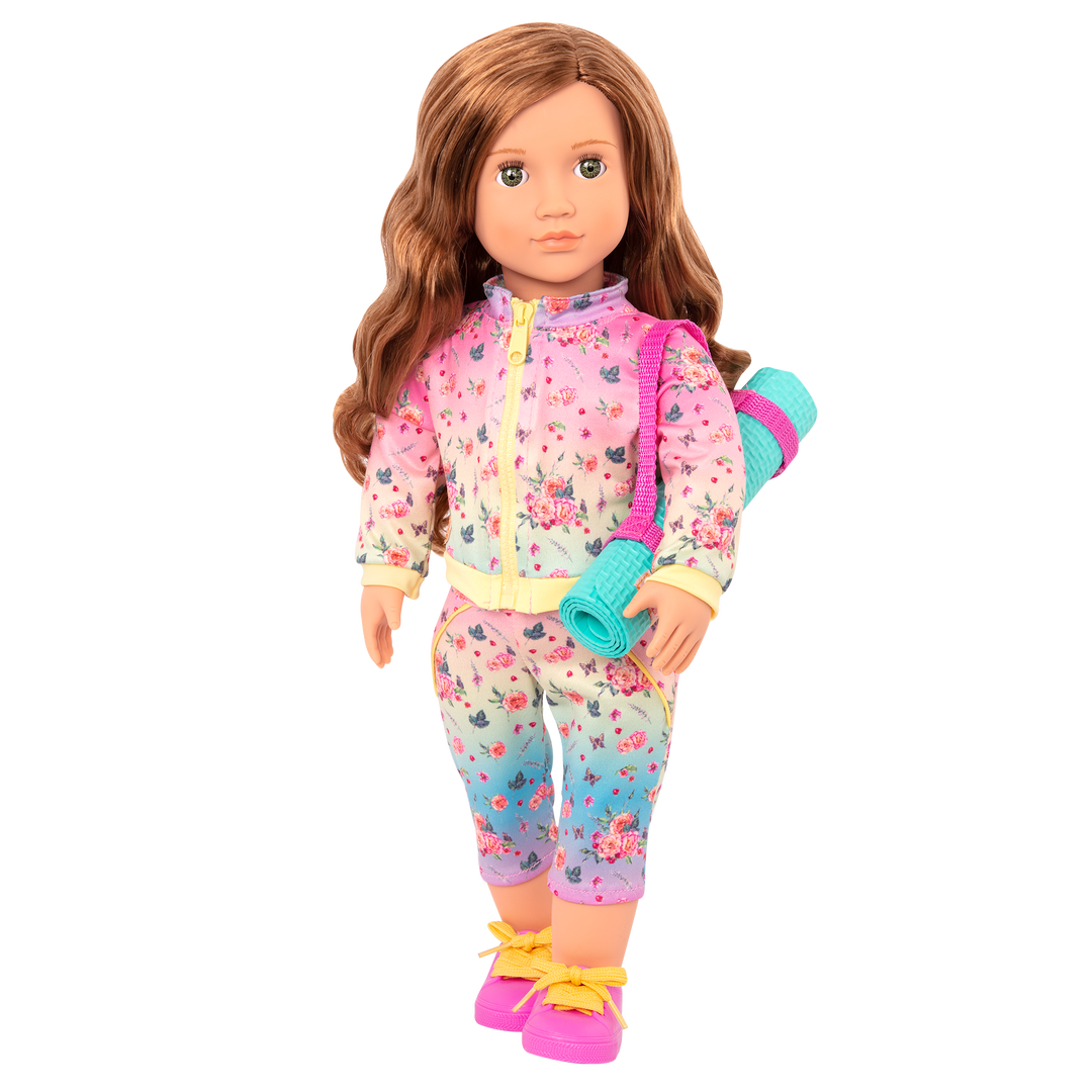 18-inch doll with medium-brown hair, green eyes and yoga mat