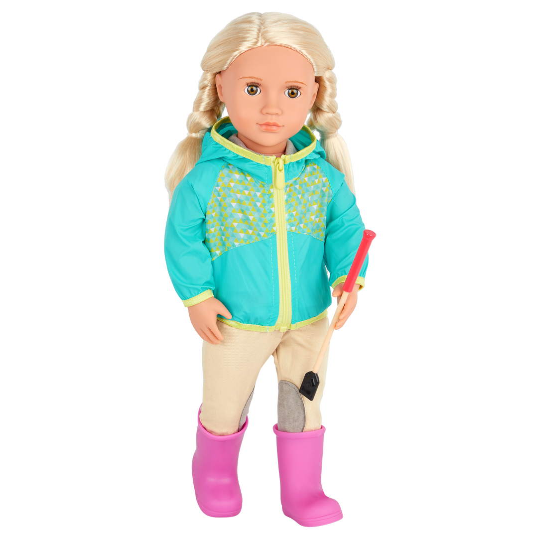 18-inch doll with blonde hair, light brown eyes, equestrian accessories and storybook