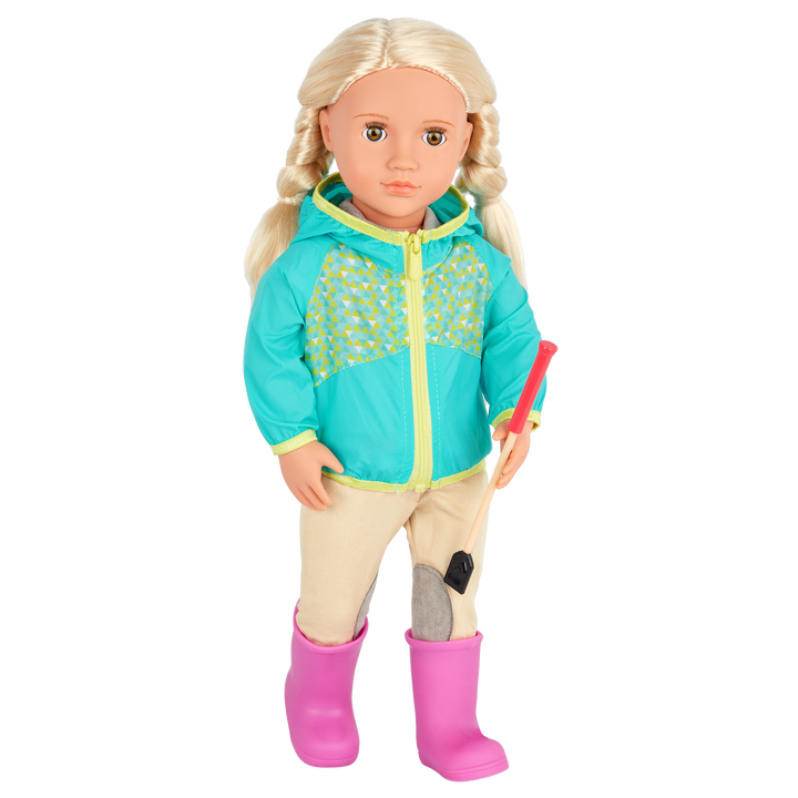 18-inch doll with blonde hair, light brown eyes, equestrian accessories and storybook