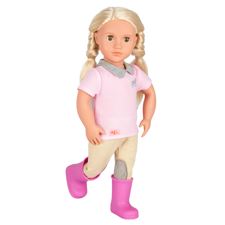 18-inch doll with blonde hair, light brown eyes, equestrian accessories and storybook