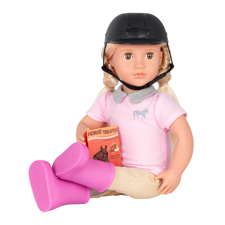 18-inch doll with blonde hair, light brown eyes, equestrian accessories and storybook