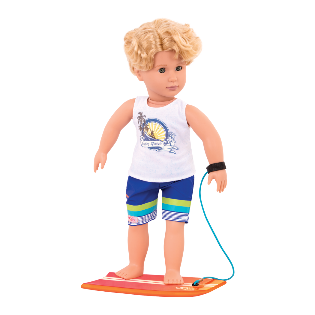 18-inch boy doll with blonde hair and green eyes holding surfboard