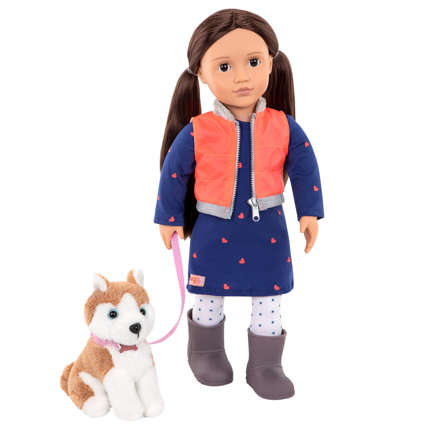 18-inch doll with brown hair, brown eyes and dog accessories walking husky plushie