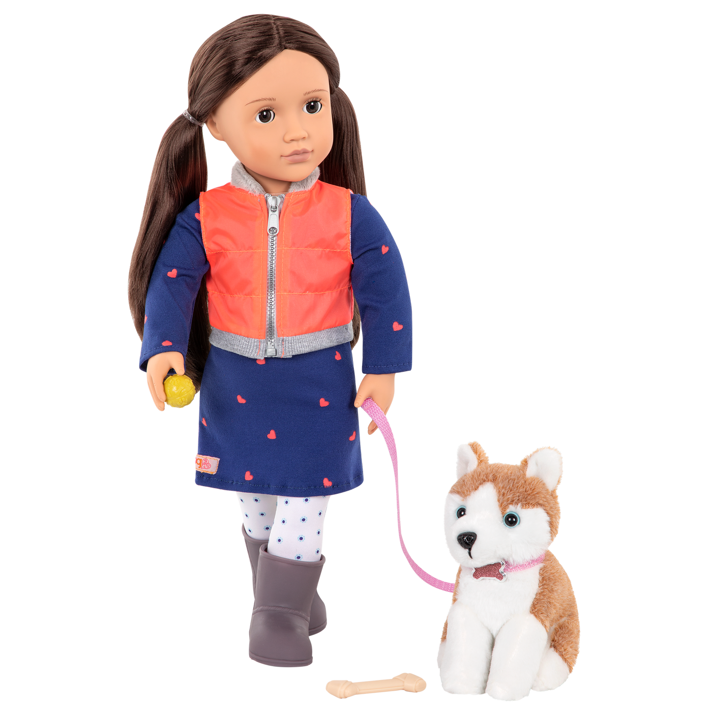 18-inch doll with brown hair, brown eyes and dog accessories walking husky plushie