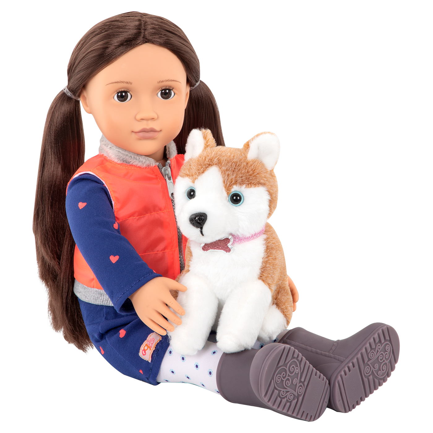 18-inch doll with brown hair, brown eyes and dog accessories walking husky plushie
