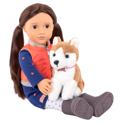 18-inch doll with brown hair, brown eyes and dog accessories walking husky plushie
