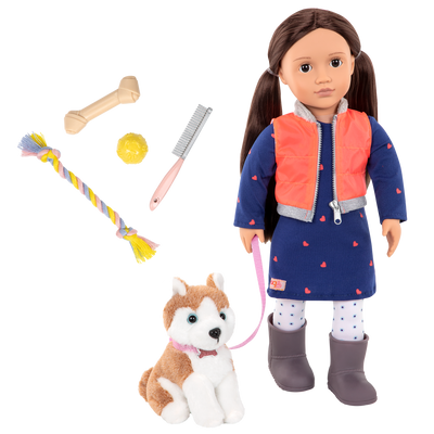 18-inch doll with brown hair, brown eyes and dog accessories walking husky plushie