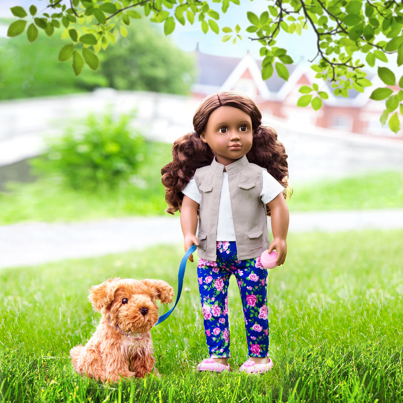 18-inch doll with brown hair and brown eyes walking poodle dog plushie