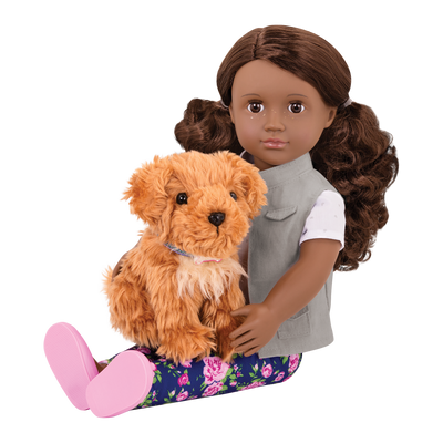 18-inch doll with brown hair and brown eyes walking poodle dog plushie