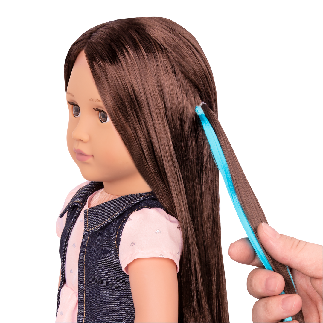 18-inch doll with brown hair, brown eyes and extensions