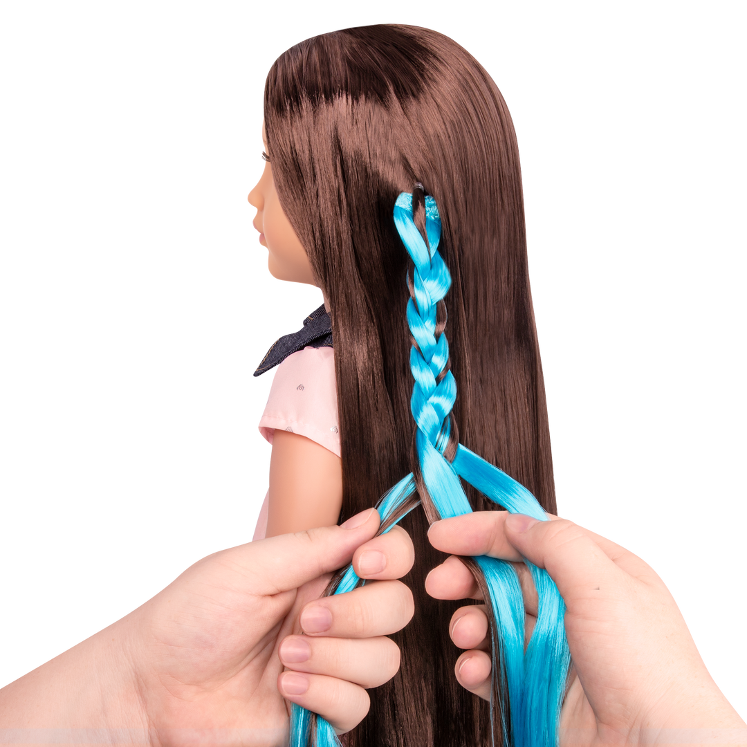 18-inch doll with brown hair, brown eyes and extensions