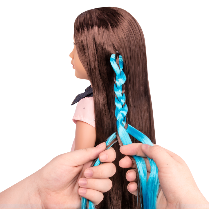 18-inch doll with brown hair, brown eyes and extensions