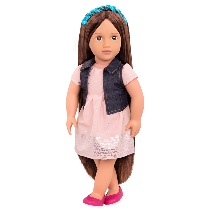 18-inch doll with brown hair, brown eyes and extensions