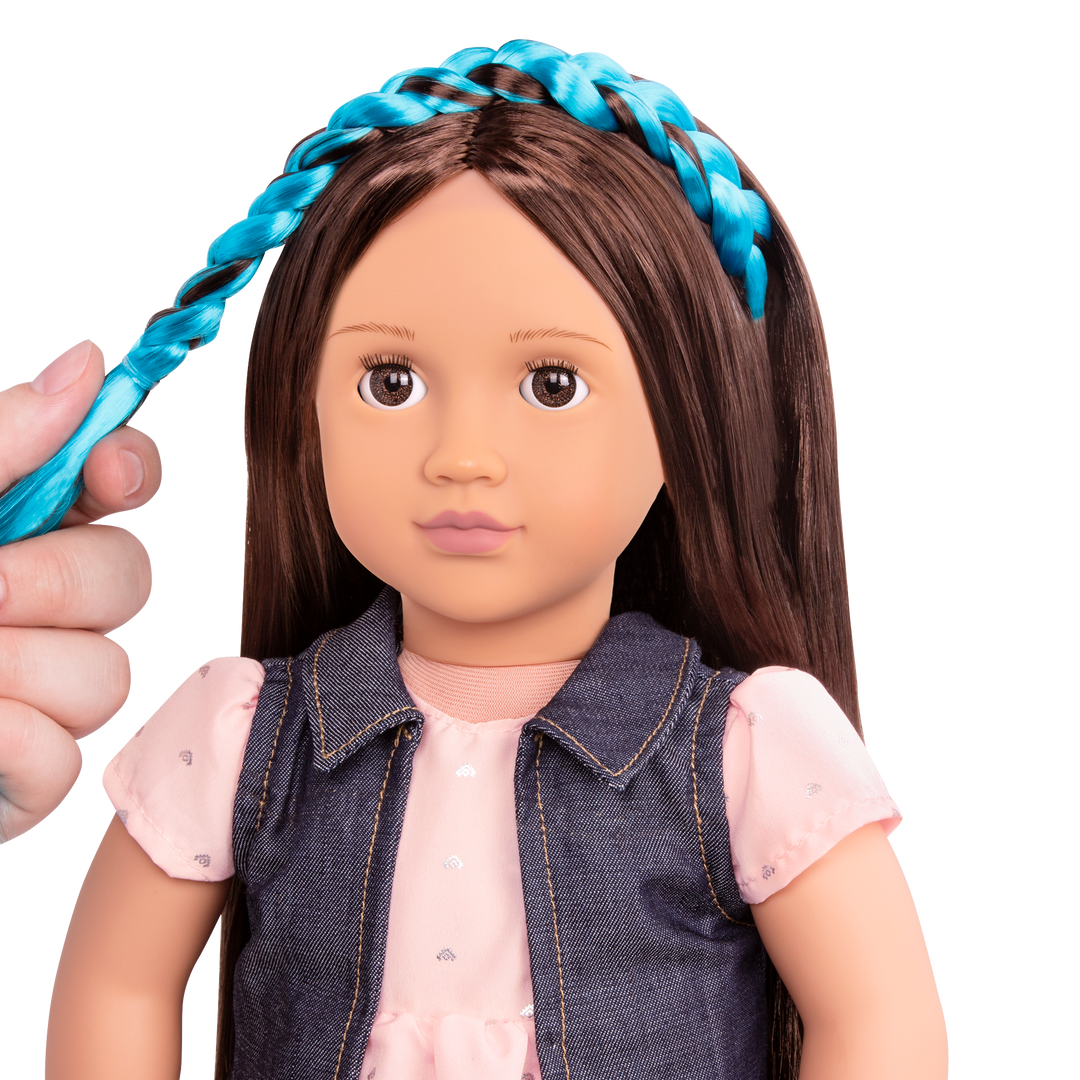 18-inch doll with brown hair, brown eyes and extensions