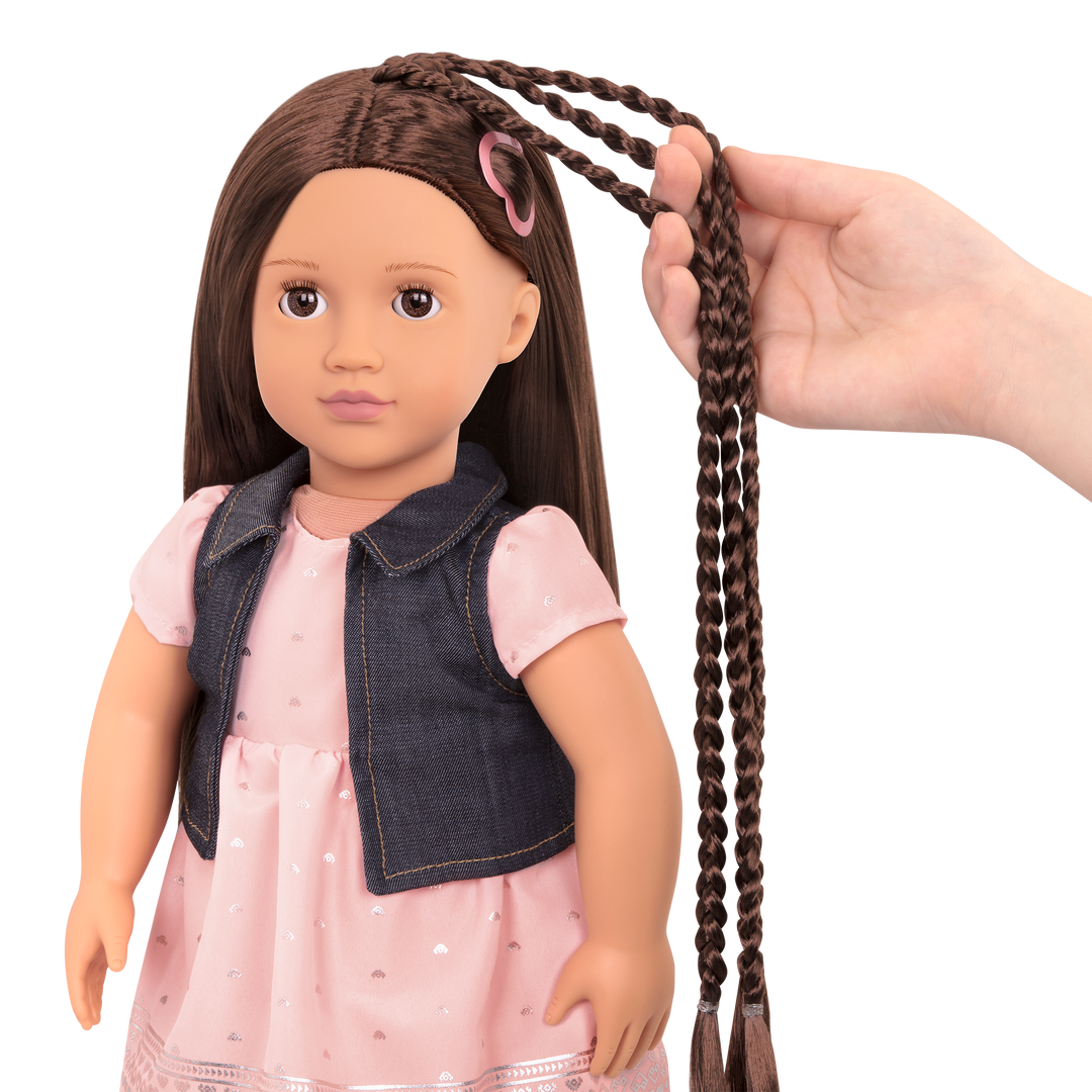 18-inch doll with brown hair, brown eyes and extensions