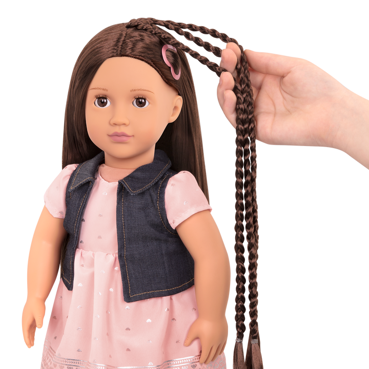 18-inch doll with brown hair, brown eyes and extensions