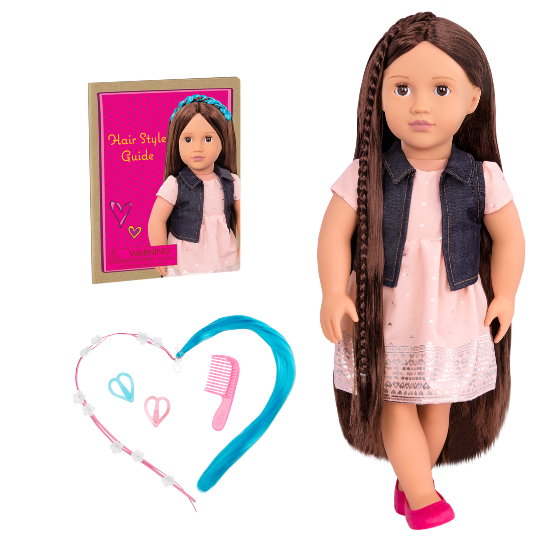 18-inch doll with brown hair, brown eyes and extensions