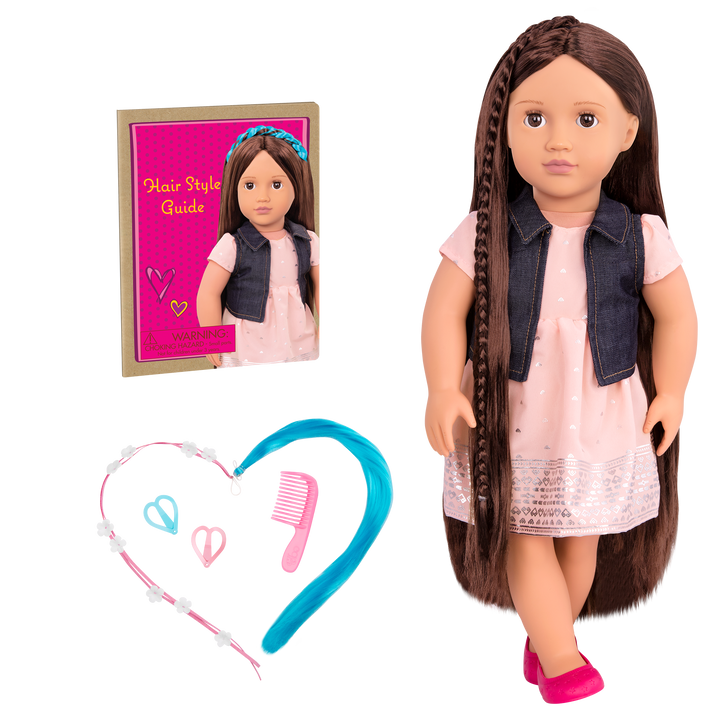 18-inch doll with brown hair, brown eyes and extensions