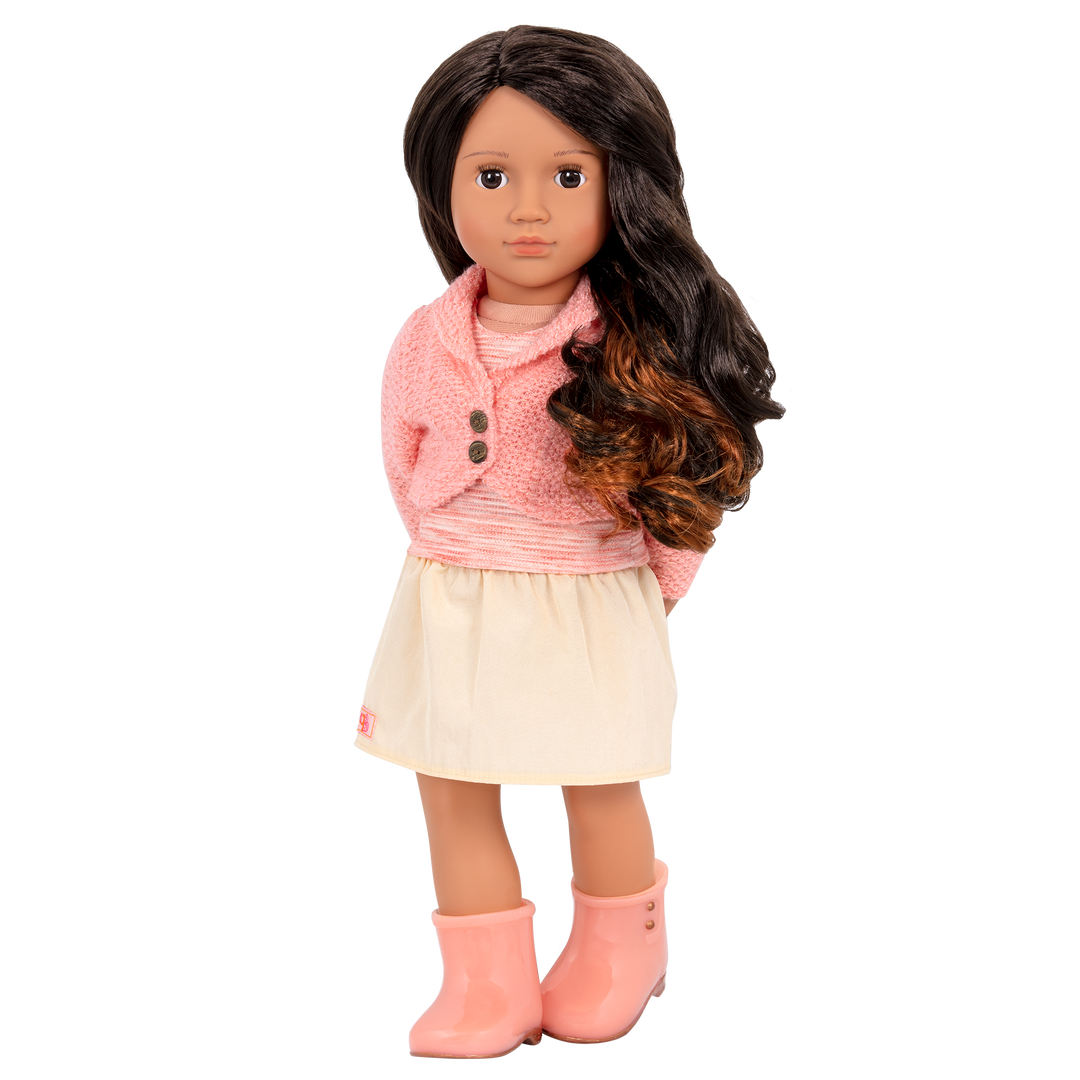 18-inch doll with dark-brown hair, auburn highlights and brown eyes