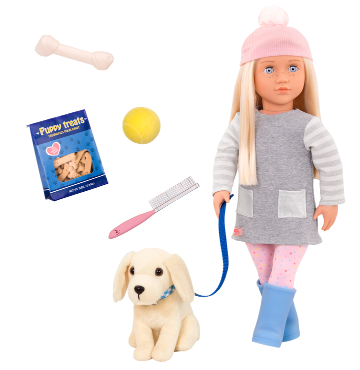 18-inch doll with blonde hair, pale blue eyes and dog accessories walking golden retriever plushie