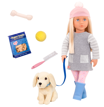 18-inch doll with blonde hair, pale blue eyes and dog accessories walking golden retriever plushie