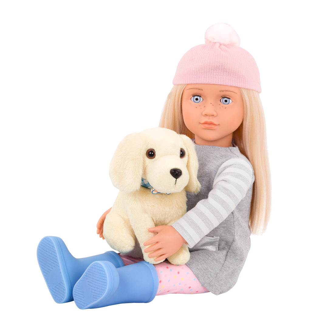 18-inch doll with blonde hair, pale blue eyes and dog accessories walking golden retriever plushie