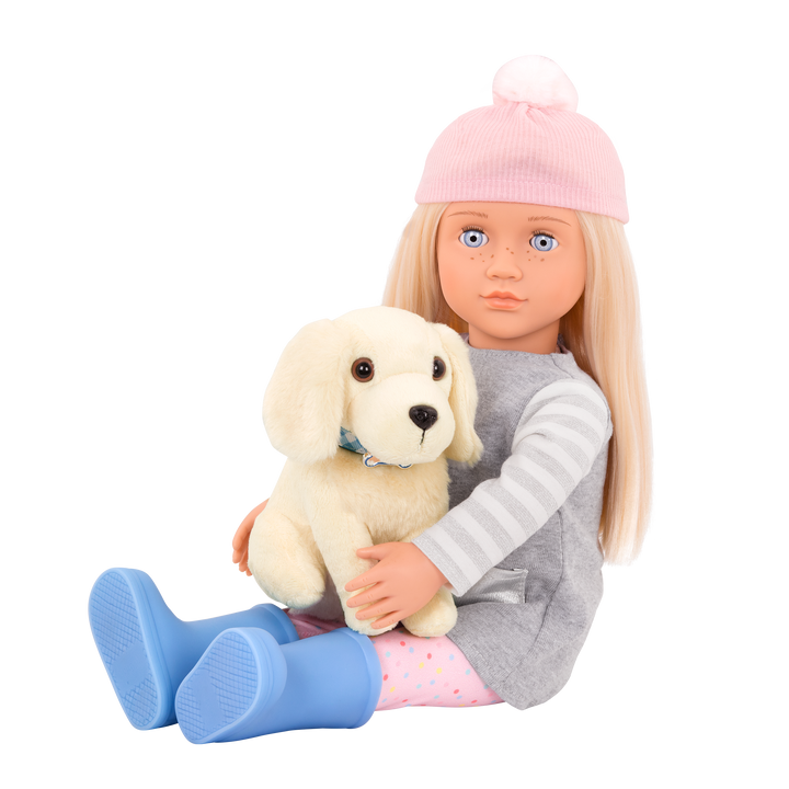 18-inch doll with blonde hair, pale blue eyes and dog accessories walking golden retriever plushie