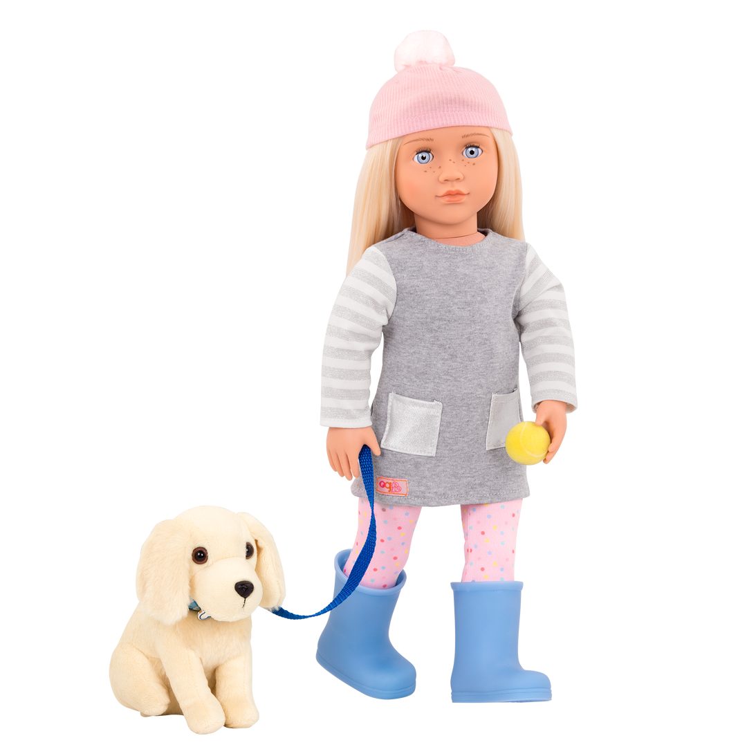 18-inch doll with blonde hair, pale blue eyes and dog accessories walking golden retriever plushie