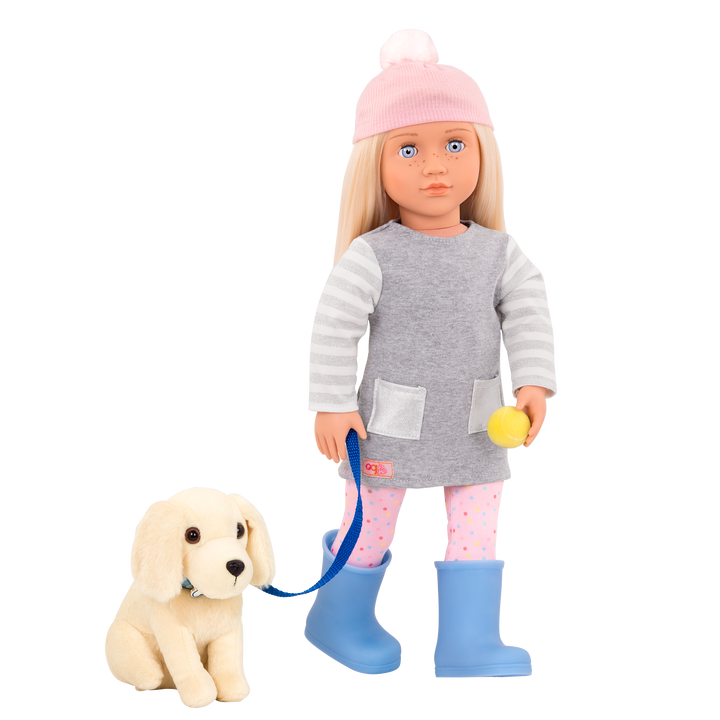 18-inch doll with blonde hair, pale blue eyes and dog accessories walking golden retriever plushie