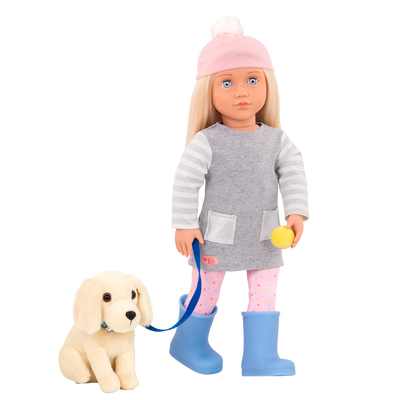 18-inch doll with blonde hair, pale blue eyes and dog accessories walking golden retriever plushie