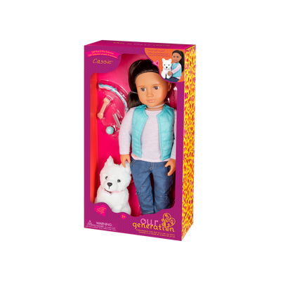 18-inch doll with dark-brown hair, hazel eyes and dog accessories walking Samoyed plushie