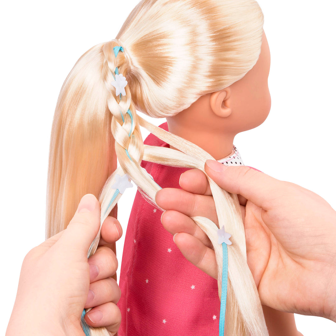 18-inch doll with blonde hair, blue eyes and extensions