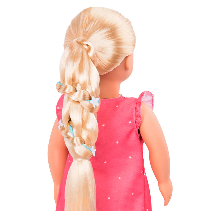 18-inch doll with blonde hair, blue eyes and extensions