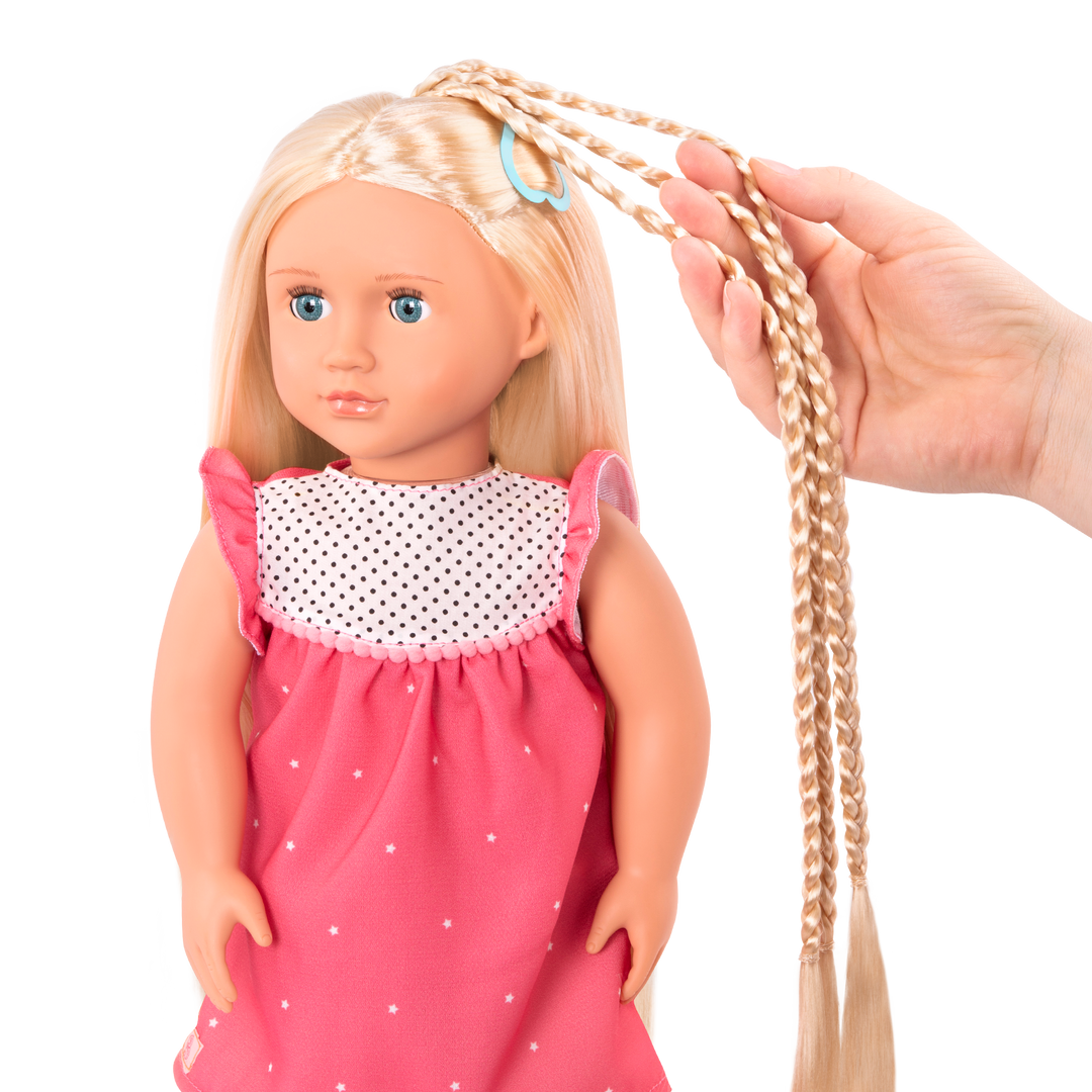 18-inch doll with blonde hair, blue eyes and extensions