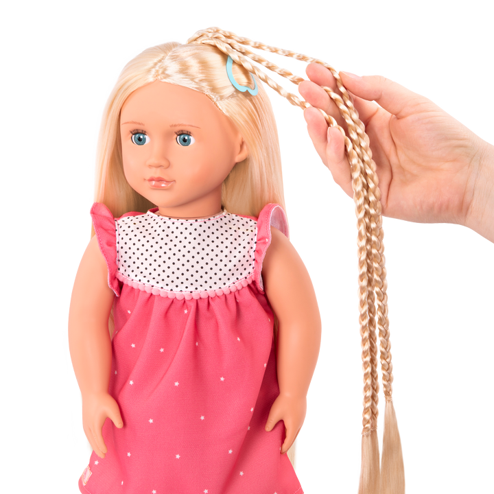 18-inch doll with blonde hair, blue eyes and extensions