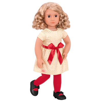 18-inch holiday doll with blonde hair, brown eyes, Christmas accessories and storybook