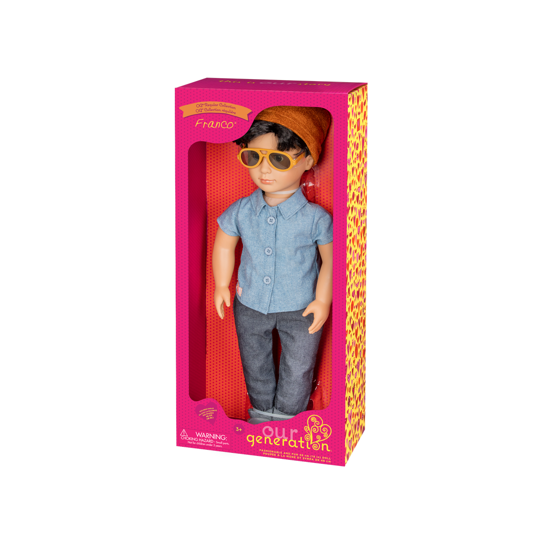 18-inch boy doll with dark-brown hair and brown eyes