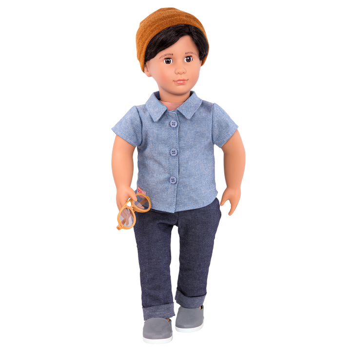 18-inch boy doll with dark-brown hair and brown eyes