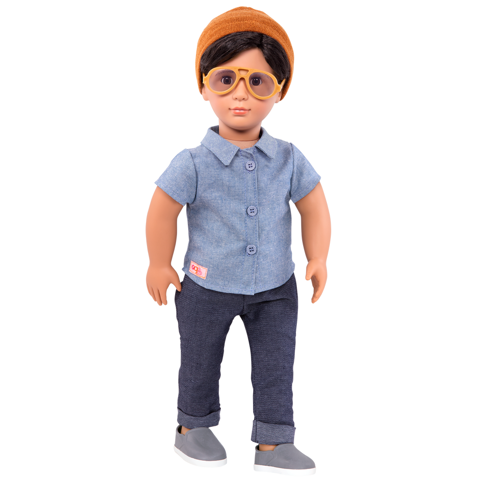 18-inch boy doll with dark-brown hair and brown eyes