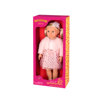 18-inch doll with blonde hair and gray-blue eyes
